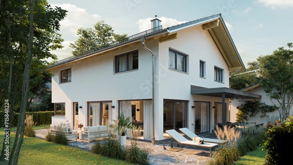 Obraz nice new build attached family house with garden and big windows with trees and bushes in europe