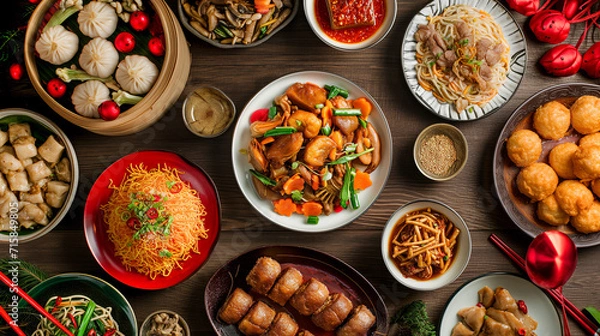 Fototapeta Top view of delicious chinese food meal on red table background for celebration Chinese New Year