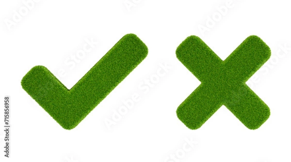 Fototapeta Grass-covered tick and cross symbols isolated on transparent background. 3D rendering