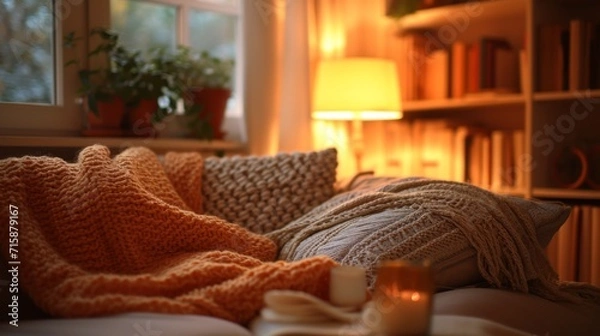 Fototapeta A cozy reading nook with soft pillows and a comforting blanket