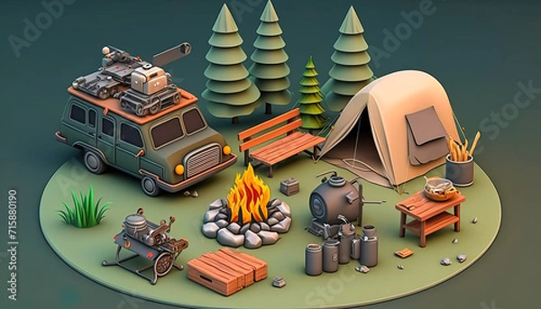 Fototapeta Camping 3D - Experience the joy of camping and hiking with this group of happy trekkers ai generated