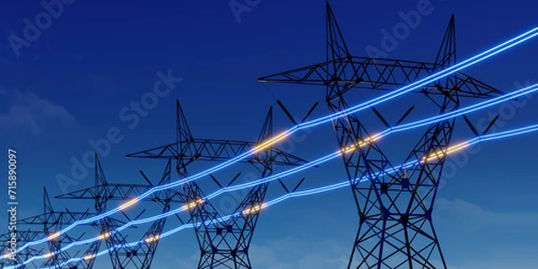 Fototapeta High voltage electric transmission tower with glowing current line, electrical power transmit through wire to city and house at night, Renewable green energy grid infrastructure concept 3d rendering
