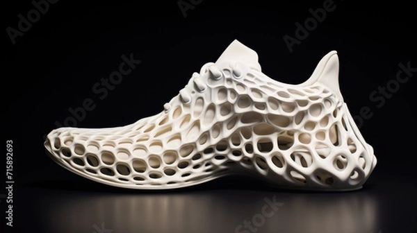Fototapeta Conceptual 3d printed sneaker manufactured with flexible thermoplastics and advanced techniques. White shoe isolated on black background.