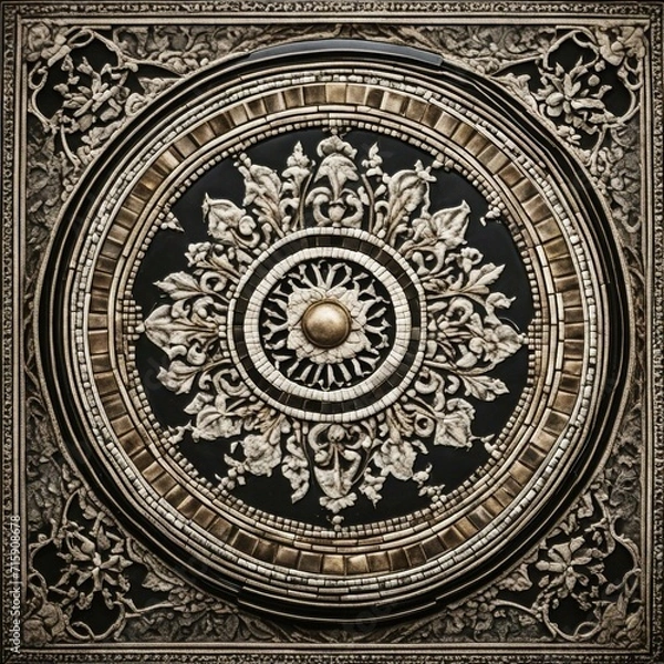 Fototapeta ornamental round ornament  A mosaic tile medallion texture isolated on black background with ceramic, marble, and architecture 