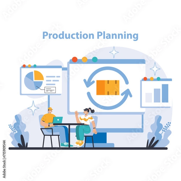Fototapeta Production Planning concept. Collaborative process optimization with real-time data analysis. Workflow visualization for operational excellence. Flat vector illustration.