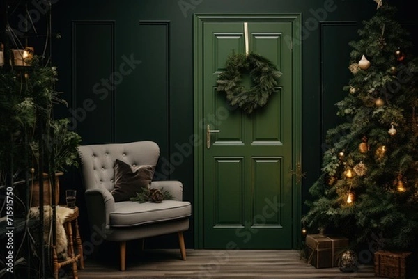 Fototapeta  a chair sitting in front of a green door with a wreath on the door and a christmas tree in front of it.