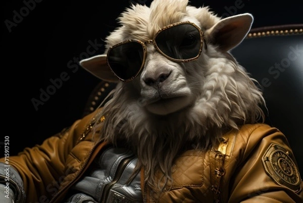 Fototapeta  a sheep in a leather jacket with sunglasses on it's head and a leather jacket on it's shoulders.