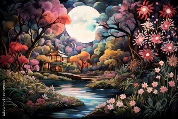 Fototapeta Tranquil moonlit gardens, blooming with exotic flowers and serenity under the moon's gentle gaze - Generative AI