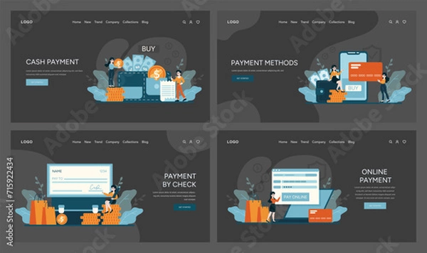 Obraz Web Interface Payment Methods set. Interfaces for cash transactions, various payment options, check processing, and secure online shopping. Flat vector illustration