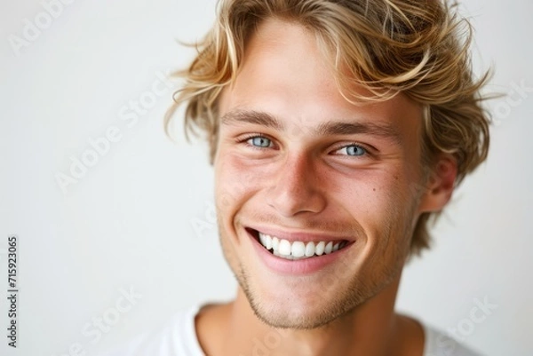 Fototapeta Portrait of a handsome blonde man smiling with clean teeth. for a dental ad. Guy with fresh stylish hair with strong jawline. isolated on white background