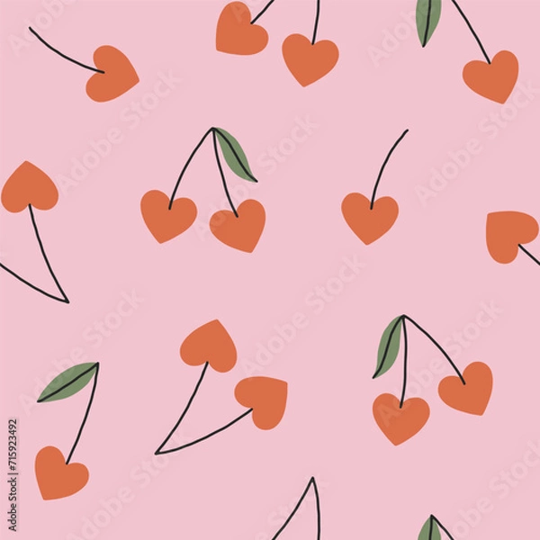 Obraz Vector seamless pattern with cute cherry hearts. Lovely romantic endless background for Valentines day, holiday design, nursery, fabric. Hand drawn baby pattern with red berries. Flat illustration