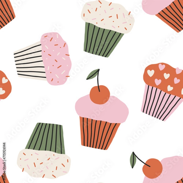 Fototapeta Vector seamless pattern with cute hand drawn cupcakes. Lovely endless background with sweet cupcakes for nursery, Valentines designs, romantic holidays, fabrics, wallpaper. Flat vector illustration