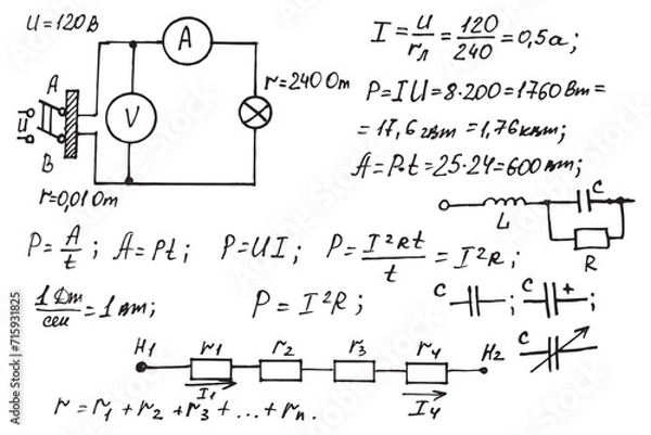 Obraz Physics, electronic engineering, mathematics equation and calculations, endless hand writing. Vector whiteboard. Education background.	