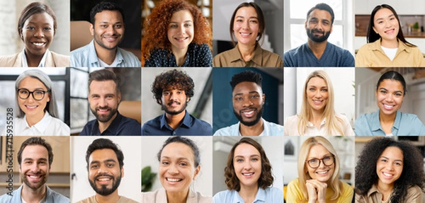 Fototapeta A grid of smiling individuals from various ethnic backgrounds symbolizes a virtual conference or social networking, highlighting the importance of face-to-face interaction in a digitalized world.