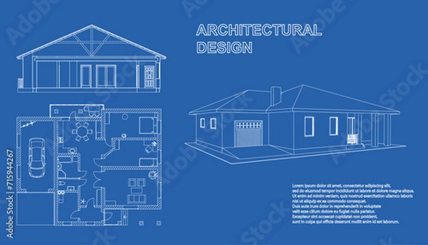 Obraz Perspective 3D, floor plan and cross section suburban house. Drawing of the modern building. Cottage project on blue background. Vector architectural blueprint.