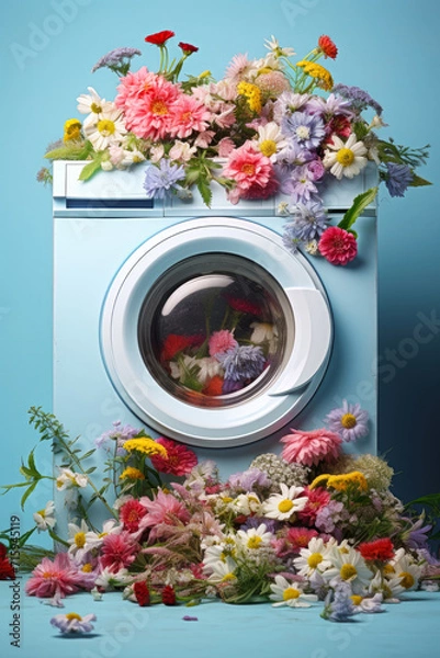 Obraz Spring freshness and the smell of washed laundry, a white washing machine in a meadow full of fresh spring flowers, laundry detergent and fabric softener.