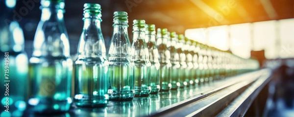Obraz Bottling beverages in factory conveyor. Bottles production in row.