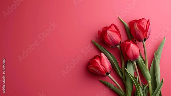 Fototapeta Bouquet of tulips. Mothers day, Valentines Day, Birthday celebration concept. Greeting card. Copy space for text, top view