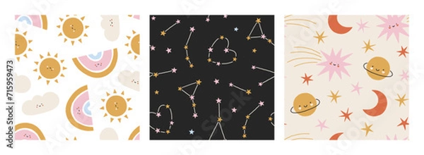 Obraz Set of cute childish vector seamless patterns. Trendy modern celestial background. Lovely cartoon patterns with stars, planets, constellations for nursery, Valentines designs, festive holidays