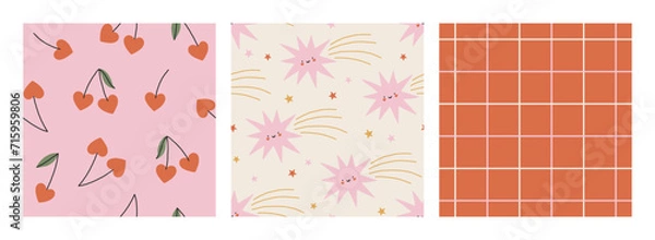 Obraz Set of Valentines vector seamless patterns. Groovy trendy romantic background. Lovely cartoon patterns with smiling stars, cherry hearts and grid for Valentines designs, fabric, wallpaper. Love art