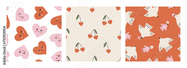 Obraz Set of Valentines vector seamless patterns. Groovy trendy romantic background. Lovely cartoon patterns with smiling hearts, cherry hearts and birds for Valentines designs, fabric, wallpaper. Love art