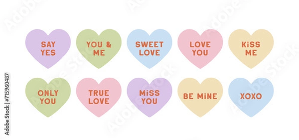 Obraz Cute set of hand drawn vector candy hearts isolated on white background. Lovely pastel conversation hearts for Valentines day, festive design, romantic holidays. Charming elements in flat style