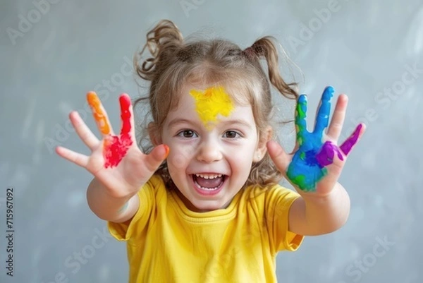 Obraz Happy smiling playing kid with painted hands