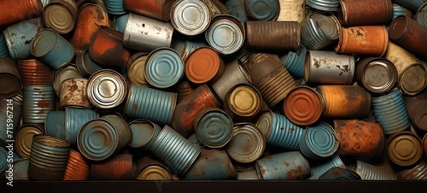 Fototapeta Dump of rusty tin iron cans jars texture. Tin texture wallpaper background. Rusty old iron cans. Horizontal banner format