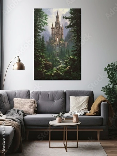 Fototapeta Grand Medieval Castles Nature Artwork: Enchanting Fortress Scenery in Surrounding Forest Wall Art