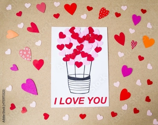 Obraz Handmade holiday card for Valentine's Day, love theme.  Beautiful balloon in the shape of a heart.  Flat lay, top view.  Valentine's Day holiday concept.