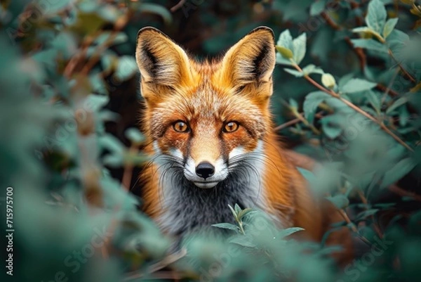 Fototapeta Amidst the lush green grass, a curious red fox peers out from the bushes, surrounded by its fellow swift, dhole, and grey foxes, as well as the larger coyote and canis species, all blending seamlessl