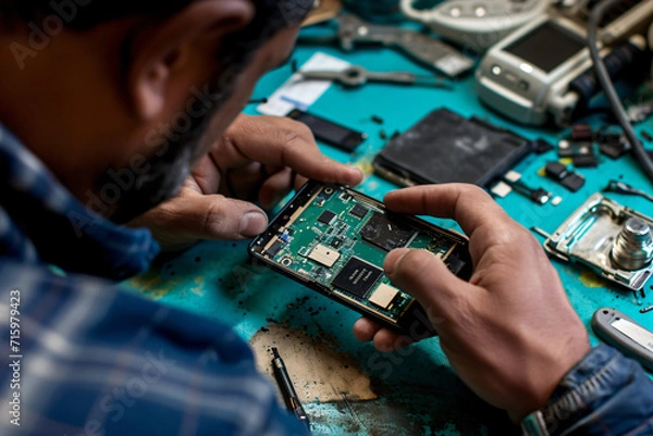 Obraz Technician Repairing a Broken Smartphone - Generative AI.