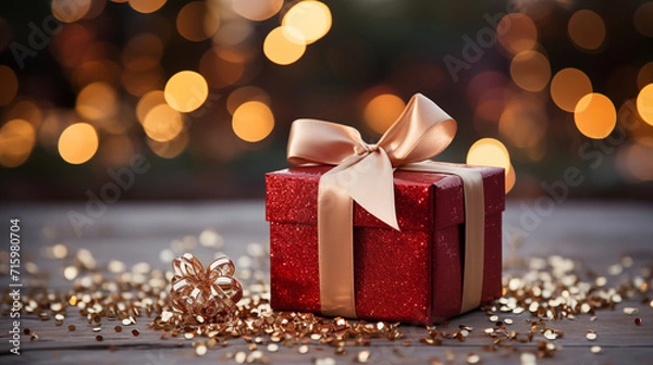 Fototapeta Beautiful red gift box with a gold ribbon bow. Concept of Christmas or Valentine's day