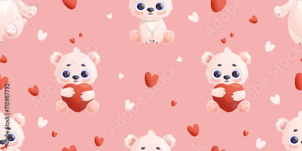 Fototapeta Romantic seamless pattern with white polar bear with hearts on pink background. Vector illustration valentine backdrop in cartoon style for design, wallpaper, packaging, textile.