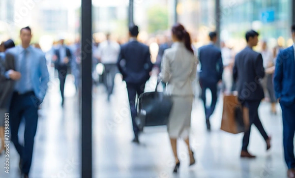 Fototapeta group of people walking in airport, abstract motion blur image of business people crowd walking at corporate office in city downtown, blurred background, business center concept, Cinematic color tone