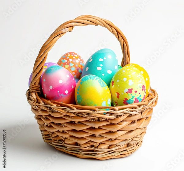 Fototapeta A close-up view of a wicker basket filled with colorful, speckled Easter eggs nestled in white straw, isolated on a light background.