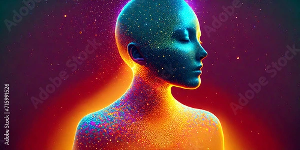 Obraz 3D hologram of a person. particles of light. 3D illustration. physical condition. Head. happy. fun. sad. anger. Emotional. spiritual. Abstract. Stiff shoulder. body. yoga.
