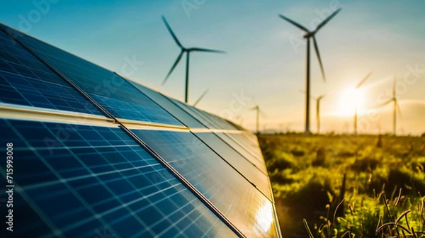 Fototapeta Solar panels and wind turbines at sunset. Alternative energy source. Alternative energy.