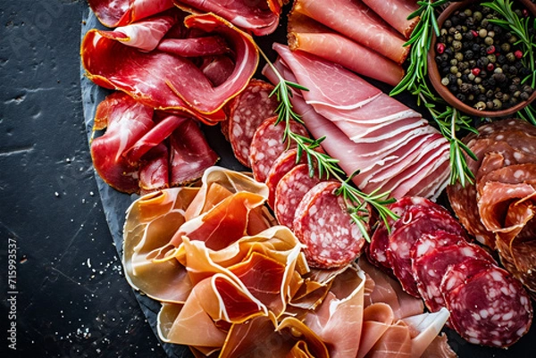 Obraz Sliced salami, jamon, prosciutto crudo or jamon. Meat platter with selection