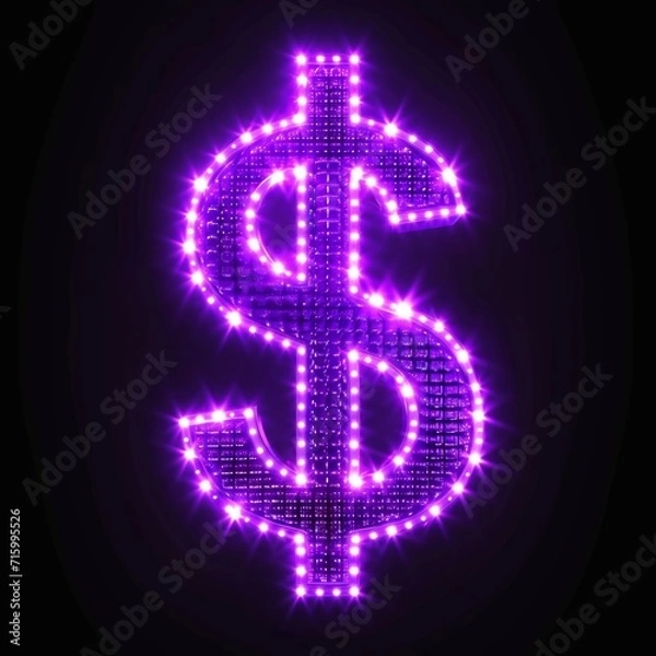 Fototapeta Violet LED Dollar Sign isolated on Black Background. Photorealistic Buck Sign on Black backdrop. Square Illustration. Ai Generated Finance and Currency 3D Symbol.