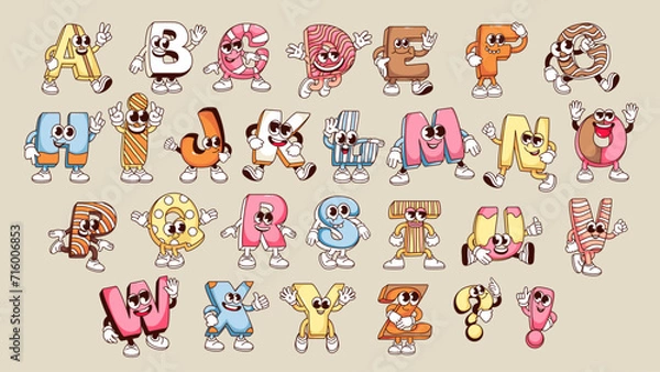 Fototapeta Groovy alphabet letters cartoon characters set. Funny retro ABC mascot collection, cartoon letters of bubble comic font and cute pattern, psychedelic typography stickers of 70s 80s vector illustration