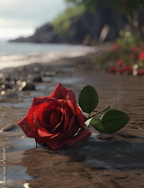Obraz "Lone Rose: Seaside Tranquility, Waves, Water"