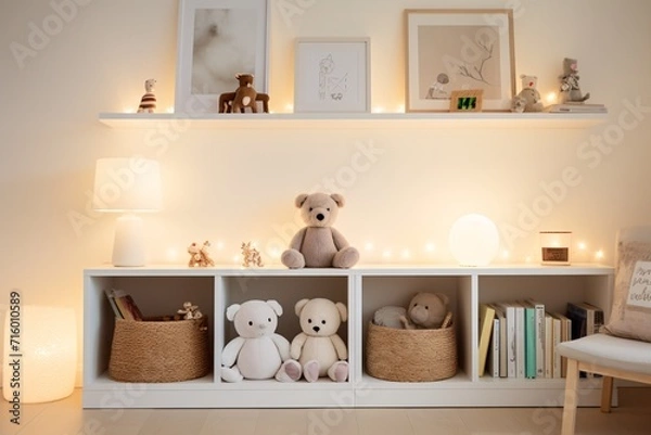 Fototapeta A white shelf with a teddy bear and other stuffed animals Generative AI