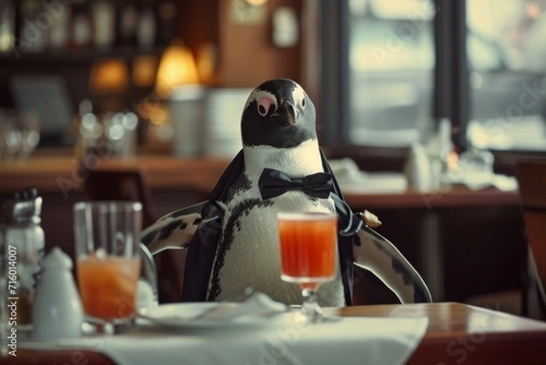 Fototapeta A refined penguin indulges in a refreshing beverage at an upscale restaurant, gracefully perched at a table adorned with elegant tableware