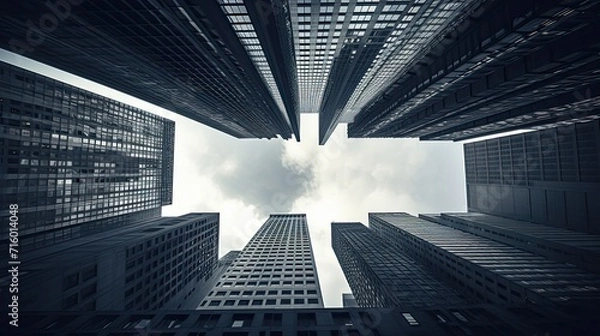 Fototapeta Mirrored skyscrapers, shot from ground level to showcase the square floor and create a sense of space to draw attention to architectural elements