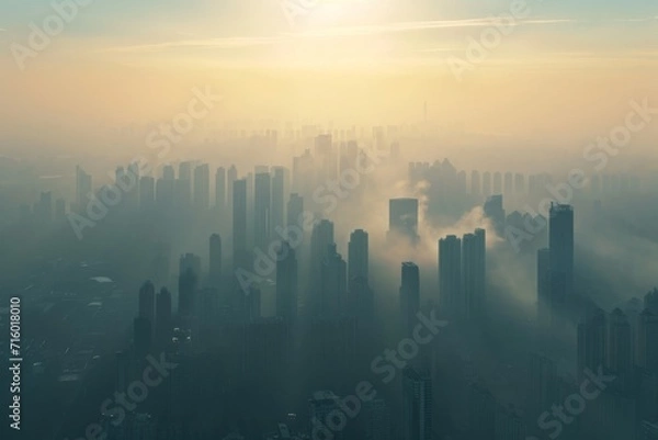 Fototapeta Amidst the towering skyscrapers of a bustling metropolis, the hazy fog and vibrant sun create a stunning cityscape, casting a dreamlike haze over the urban landscape