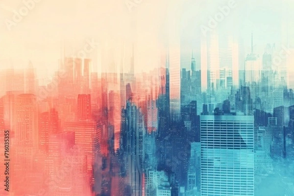 Fototapeta An abstract urban blend of digital art creates a mixed media skyline, where skyscrapers are fused with vivid red and blue hues.., abstract colorful background