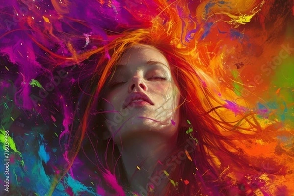 Fototapeta A vibrant portrait of a woman with fiery red hair, her face adorned with an explosion of colorful paint, evoking the beauty and creativity of human expression through art