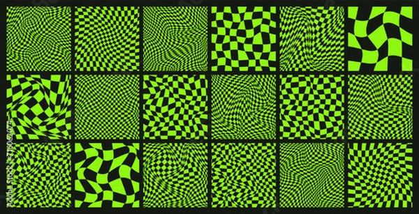 Fototapeta Trendy checkered pattern, black and green distorted tiled grid. Wavy curved backdrop, distortion effect. Funky geometric chessboard texture, retro background in 90s style, y2k. Vector illustration