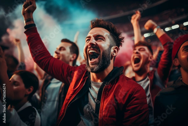 Fototapeta Sports fans celebrating excitedly in the stands of a stadium, night game, colored smoke flares. Generative AI